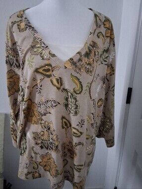 Basic Editions Beige Tunic with Olive and Mustard Floral Print. Size 2XL